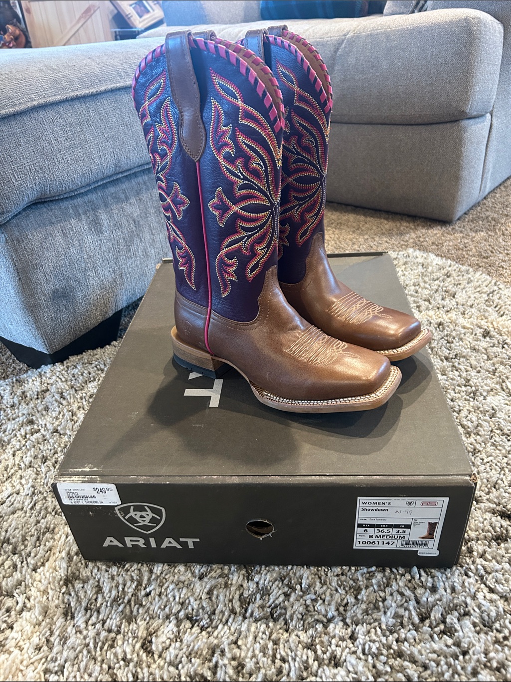 Ariat Brown Leather & Purple Embroidered Western Boots(6)